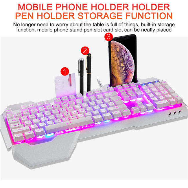 Ergonomic Mechanical Keyboard with RGB Backlight featuring mobile phone holder and pen storage.
