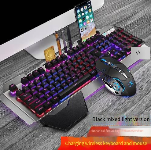 Ergonomic Mechanical Keyboard with RGB Backlight on a desktop setup with a wireless mouse and smartphone.