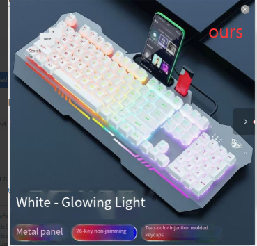 Ergonomic Mechanical Keyboard with RGB Backlight featuring a white glowing light design and metal panel.
