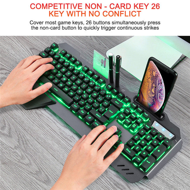 Ergonomic Mechanical Keyboard with RGB Backlight showing hands typing, highlighting its 26-key non-conflict feature.
