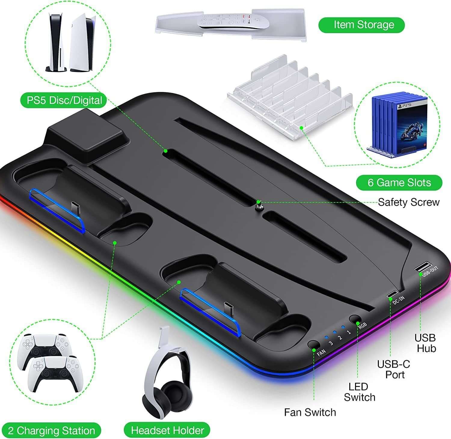 CUTTING-EDGE TECHNOLOGY PS5 RGB Charging Dock for Controllers and Headset