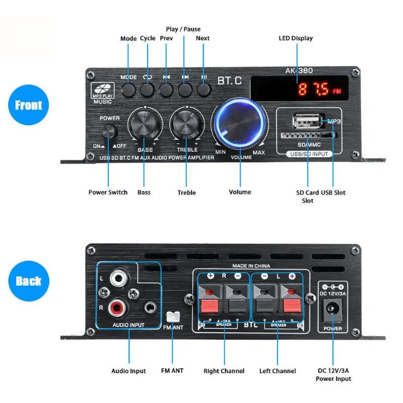 CUTTING-EDGE TECHNOLOGY AK380 Bluetooth 12V Power Amplifier for Car and Home Audio